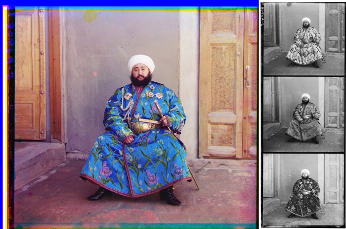 The Emir of Bukhara in a 1911 color photograph by Sergei Mikhailovich Prokudin-Gorskii. At right is the triple color-filtered black-and-white glass plate negative, shown here as a positive. - Wikipedia