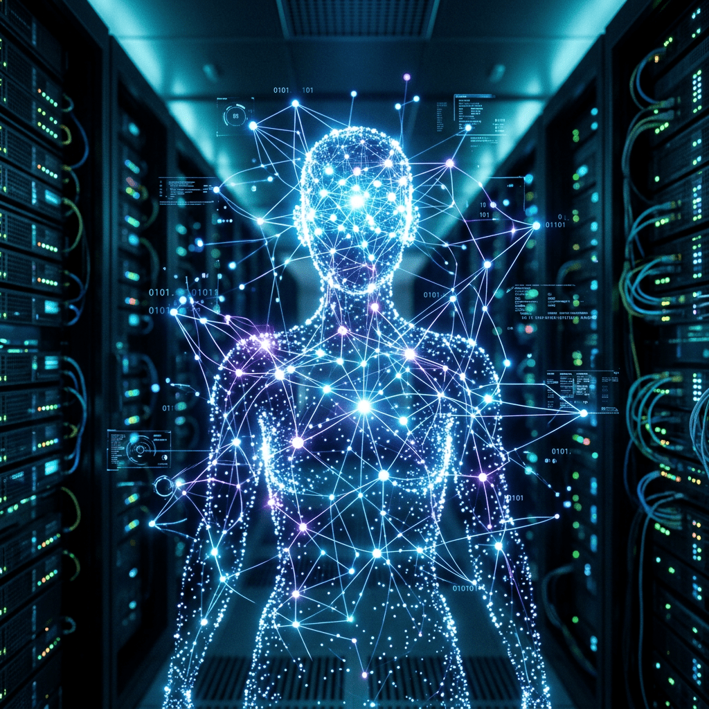 Glowing digital human network with connected nodes in server room